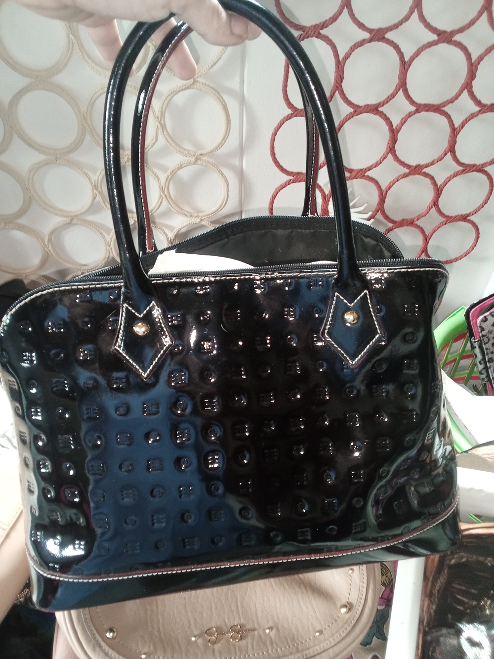 Arcadia Patent Quilted Black Tote Bag with Top Handles